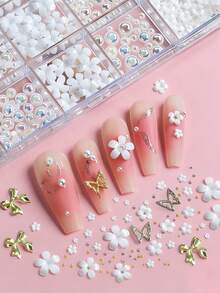 12 Grades Kit de Encantos de Unhas com Flor Branca 3D com Decorações de Borboleta e Laço Dourado/Prata, Pérolas Meia-Lua AB, Mini Contas Douradas/Prateadas - Suprimentos de Arte de Unhas Brilhantes para Unhas Acrílicas, Capas de Telefone, Artesanato em Resina, Joias e Artesanato DIY, Perfeito para Amantes de Manicure e Uso em Salão - Multicolorido - Visão 8