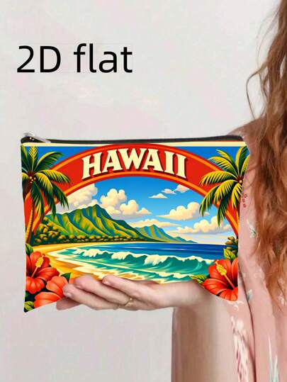 化妆包 1 个，夏威夷热带海滩图案化妆包，拉链封口，大容量洗漱包，可爱时尚钱包便携收纳包，旅行化妆包