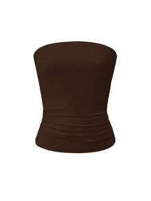 Muse Moon Women's Seamless Strapless Solid Color Elastic Fitted Camisole, Spring/Summer Strapless Basic Camisole - Brown - View 3