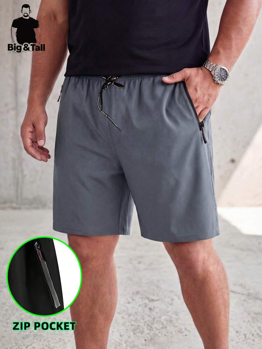 Plus Size Men's Summer Elastic Straight LegBermuda Shorts, Solid Color Lightweight Pants With Zipper Pockets And Drawstring, For Sports, Running And Fitness