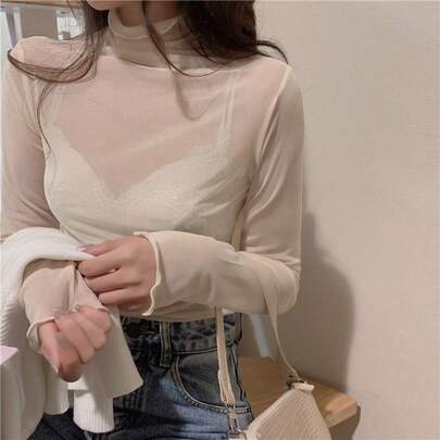 女士网纱叠穿长袖高领打底衫，轻薄透气休闲上衣，纯色荷叶边下摆长袖T恤，适合春、秋、冬、夏四季穿着