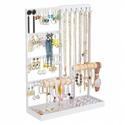 Jewelry Organizer Stand, Jewelry Holder Tree And Storage, Super Large Capacity, 72 Earring Holes, 12 Necklace Hooks, 20 Rings Slot, 2 Bracelet Bars, Assemble Not Required, Size 3.94*9.84*13.78 Inch