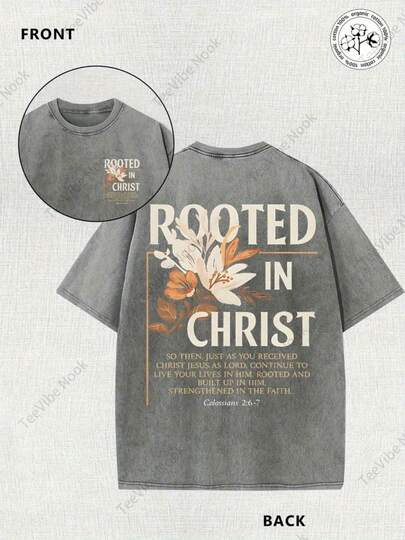 Women'S Vintage-Inspired "Rooted In Christ" Christian Faith T-Shirt - Double-Sided Washed & Wax Print Short Sleeve Round Neck Casual Top With Bible Verse Design (Matthew 16:24) - Soft Breathable Fabric For Spring Summer Fall - Summer Tops - 2026 New 100% Cotton Women's Washed T-Shirt - Vacation Outfits Women - Unisex Top - Men's T-Shirt