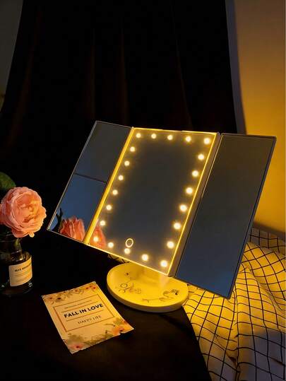 3-Fold LED Makeup Mirror, Lighted Vanity Mirror With 2X/3X Magnification, Portable High Definition Makeup Mirror With Brightness Adjustment, Folding Makeup Mirror With Stand And 3 Color Temperatures, Touch Control Makeup Mirror, Dual Power Supply, Multi-Functional Tabletop Makeup Mirror For Student, Travel, Makeup, Office, Bedroom, Best Gift For Women On Valentine's Day/Mother's Day