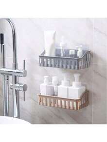 1pc Wall-Mounted Shower Caddy Organizer, Lightweight Plastic Bathroom Storage Rack, Waterproof Upgrade, No Drilling Required, Can Hold Toiletries And Cosmetics - Grey - View 3