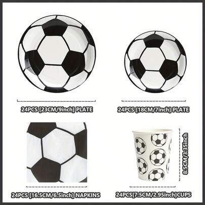 7/9英寸足球主题一次性餐具套装，包括纸盘、餐巾纸、纸杯，适合生日派对、派对装饰