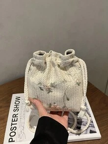 Bolso de paja tejido en diagonal de un solo hombro, bolso de cubo de playa para mujer - Beis - Ver 4