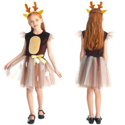 Little Deer Plays Girl's Puffy Skirt Costume Stage Performance Dress Plum Blossom Deer Makeup Ball Performance Dress