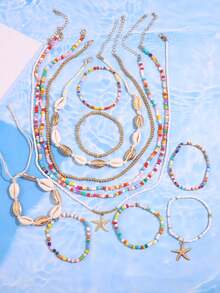 1 Set Fashionable Bohemian Style Holiday Shell Beaded Woven Necklace & Bracelet, Paired With Starfish Pendant And Polymer Clay Bead Combination Jewelry, Suitable For Women's Daily Wear - Multicolor - View 7