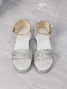 1 Pair Children's Silver Glitter High Heel Sandals, Summer Fashion Rhinestone Braided Vamp Design, Buckle Closure Girls Dress Sandals, Suitable For Daily Outfit Matching - Silver - View 3