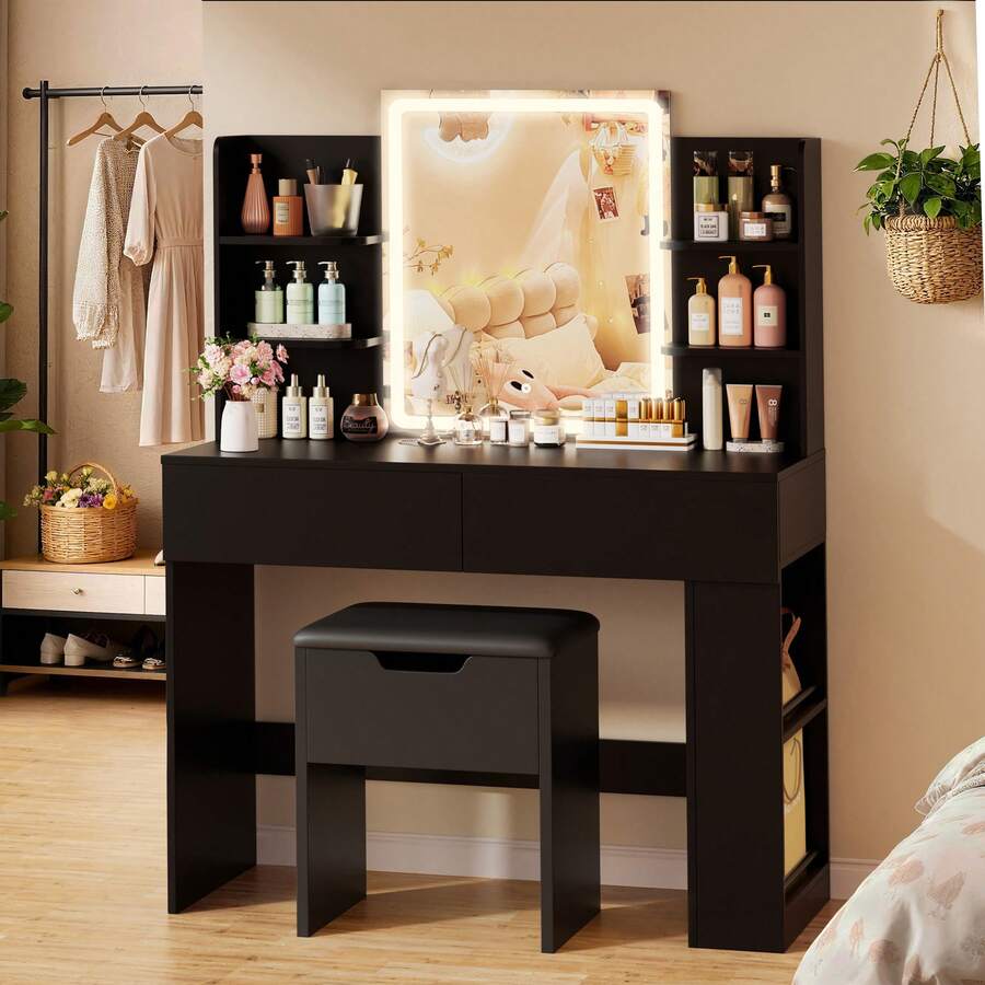 Devoko Makeup Vanity Desk With LED Lighted Mirror, 3 Color Lighting Modes & Adjustable Brightness, Vanity Table With 2 Drawers And Side Storage Cabinet For Bedroom - Xem 1