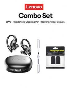 Lenovo 联想LP75蓝牙耳机，配备清洁刷和指套组合套装，耳挂式设计，带显示屏，5.3小时超长续航，HIFI音质，低延迟，适用于音乐、游戏、跑步，防水，无线耳机带麦克风 - 耳機+清潔筆+指套 - 查看 1