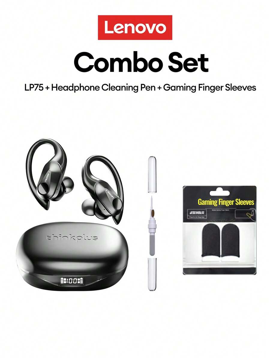 Lenovo 联想LP75蓝牙耳机，配备清洁刷和指套组合套装，耳挂式设计，带显示屏，5.3小时超长续航，HIFI音质，低延迟，适用于音乐、游戏、跑步，防水，无线耳机带麦克风 - 耳機+清潔筆+指套 - 查看 1