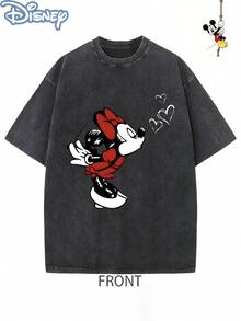 Disney Officially Licensed Graphic T Shirts 100 Percent Cotton  Shirt,  &  Heart Kiss Couple T-Shirt, Unisex, Washed 230g, Retro Vintage, Crew Neck Short Sleeve, Casual Daily Wear - 黑2 - 查看 2