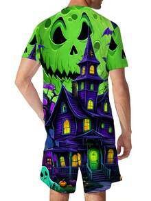 2-teiliges Herren-Halloween-Kostümit Monsterhaus-Print – Neon-Grün und Lila Horrorhaus mit Kürbislaterne- und Fledermaus-Mustern – Lässiges Party-Outfit für alle Jahreszeiten – Geeignet für Fitnessstudio, Outdoor und Alltag – Passendes-Shirt- und Shorts-Set (bequemer Rundhalsausschnitt, verstellbare Taille) – für Halloween-Partys und Themenveranstaltungen - Mischfarben - Übersicht 2