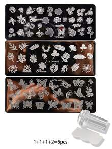 5件套美甲印花板及刮板套装，包含心形、玫瑰、蝴蝶、叶子图案，适合春夏DIY美甲印花工具 - 彩色 - 查看 10