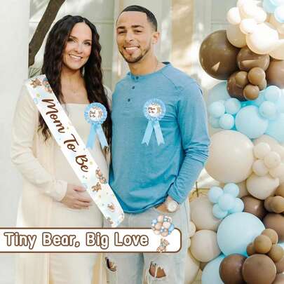 Decoraciones para baby shower "Apenas podemos esperar", Faja para mamá futura y conjunto para papá futuro, Faja azul de oso de peluche para mamá futura, Regalo de baby shower para futuros padres