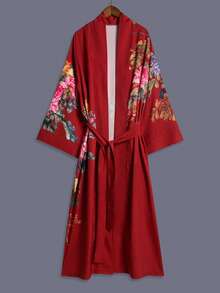 Áo khoác kimono tay lửng kiểu Nhật in họa tiết hoa hồng, mỏng nhẹ, thích hợp mặc đi dự tiệc/dạo phố, đi biển/nghỉ dưỡng, áo choàng nhẹ có thắt lưng, thích hợp mặc mùa xuân. - Đỏ - Xem 2