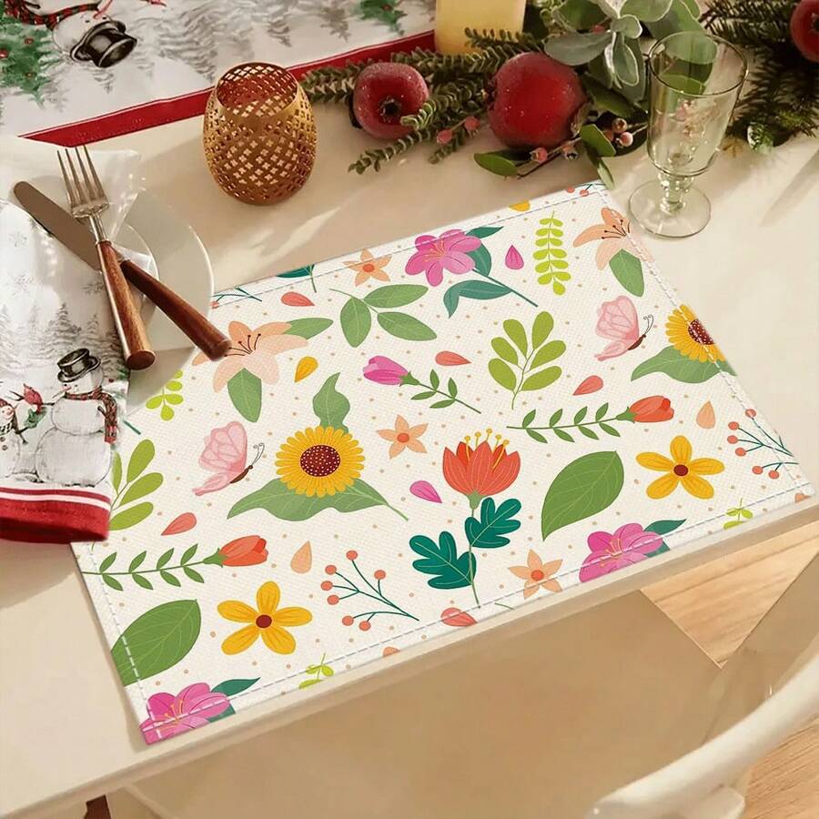4/6pcs Spring & Summer Floral Butterfly Plant Linen Placemats, 30 X 45 Cm Seasonal Floral Decor Dining Mats, Suitable For Farmhouse Kitchen Dining Room - Multicolor - View 1