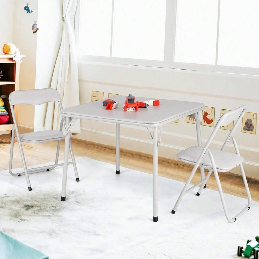 Mesa de tarjeta plegable de metal y 2 sillas, Sillas plegables acolchadas de cuero con cojín cómodo y marco de acero duradero, Mesa cuadrada moderna para comedor, Espacios pequeños - Blanco - Ver 1