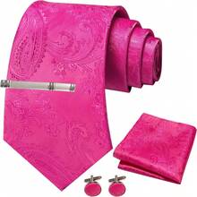 Men's Tie And Pocket Square Set, Including Tie Clip And Cufflinks - 玫紅色 - 查看 3