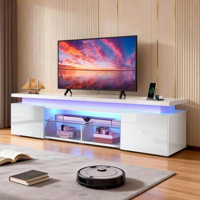 LED TV Stand For 65 Inch TVs, 140cm Media Entertainment Center TV Unit With RGB LED Lights And Adjustable Glass Shelves, Wooden TV Console Table For Living Room Bedroom (White)