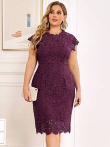 MIUSOL Plus Elegant Ruffle Neck Full Floral Lace Evening Party Bodycon Dress - 紫紅色 - 查看 9