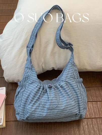 New Bright-Color Plaid Fabric Drawstring Pleated Large Capacity Crossbody Bag, Korean Style Multi-Pocket Cloud Bag, Suitable For College Students And Daily Commute