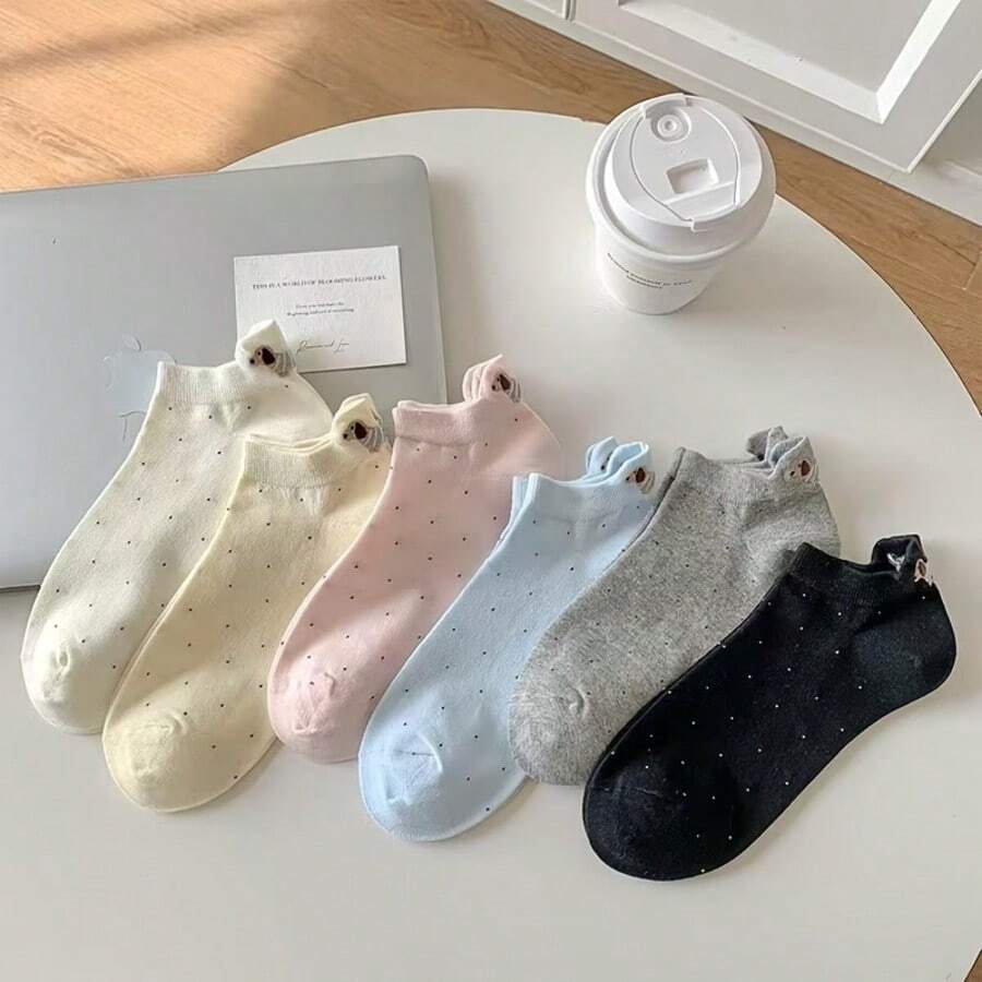 5 Pairs Of Breathable And Comfortable Women's Cartoon Sausage Dog Pattern Socks With Ear Design, Suitable For Casual Outdoor Wear In Spring And Autumn