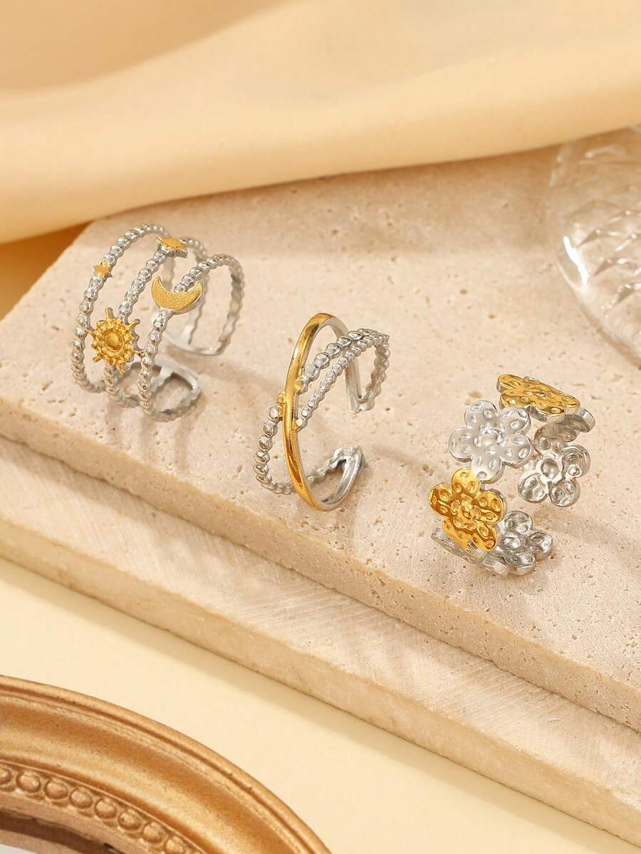3件套不锈钢银色简约串珠饰品,星月斋月多功能女士戒指套装,开口可调节,适合日常佩戴或作为礼物赠送。 - 金黃色和銀色 - 查看 1