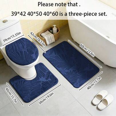 Bộ 3 món thảm nhà tắm họa tiết lá cây, mềm mại, thấm hút tốt, chống trơn trượt dùng cho bồn cầu, bồn tắm, vòi sen, thảm nhỏ lối vào.