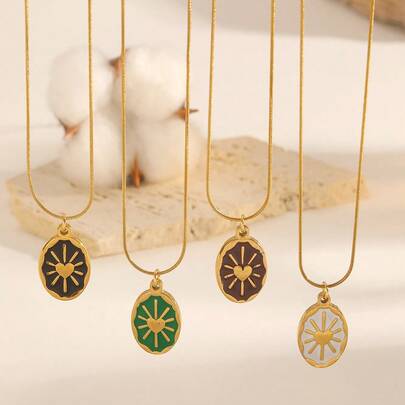 1件不锈钢波西米亚风蛇骨链项链，配心形珐琅吊坠，18K镀金，优雅时尚的女士珠宝配饰