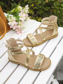 Best Selling Kids Champagne Glitter Ankle Strap Sandals With Zipper & Buckle Closure Open Toe Summer Flat Shoes - Champagne - View 1