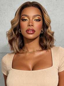 VIOLLY Tóc giả kiểu bob gợn sóng 14 inch, ren trong suốt HD 13x4, rẽ ngôi tự do từ tai đến tai, mật độ 200%, đường chân tóc liền mạch, tóc con đã được tỉa sẵn #P4/27, màu nâu ombre highlight vàng mật ong, tóc giả pha trộn tóc người dành cho nữ - SP4/27 - Xem 7