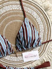 2026新款女士比基尼两件式泳衣，撞色条纹图案，系带露背时尚休闲泳装，适合海滩、度假、派对等场合。 - 藍色棕色 - 查看 3