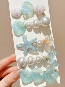 5pcs Women Blue Starfish & Seashell Tail Hair Clips, Ocean Theme Hair Accessories Suitable Daily Use ,Flat Claw Clip, Alligator Hair Clip, Hair Slide, Hair Claws - 淡紫色 - 查看 1