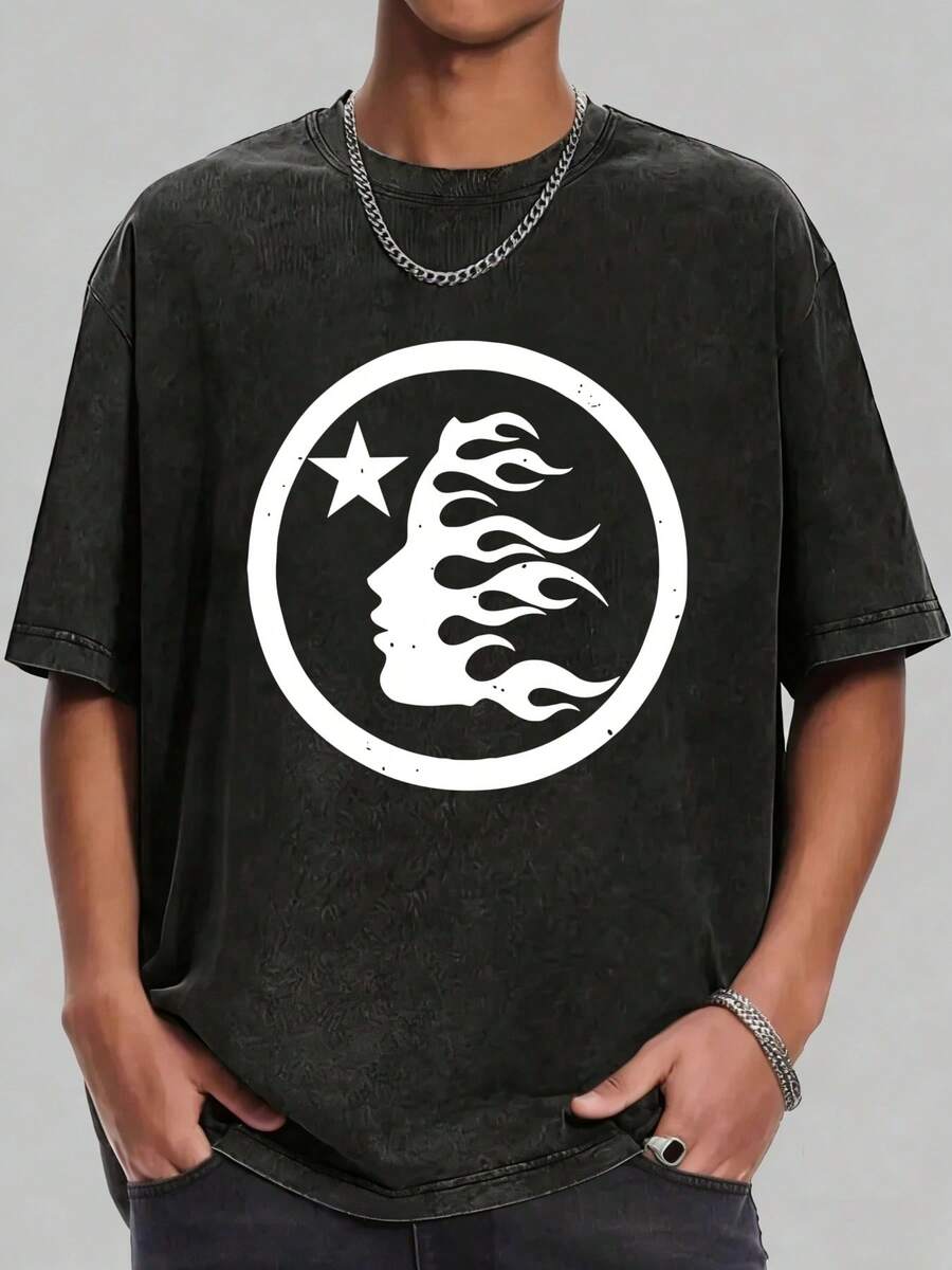 Hellstars White Flame Logo Retro Washed Print Round Neck Short Sleeve T-Shirt, 230g 100% Cotton T-Shirt, Summer Clothes, Men's Tops, Casual And Comfortable, Fashionable Graphic Tee, Unisex Style - 黑色 - 查看 1