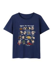 New Retro American Cartoon Print Short Sleeve T-Shirt, Unique Design Slim Fit Casual Top For Summer - Navy Blue - View 5