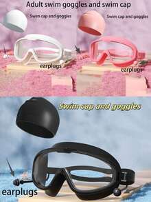 成人游泳装备，舒适防摩擦防水干发男女通用泳帽泳镜套装，硅胶游泳用品 - A - 查看 1