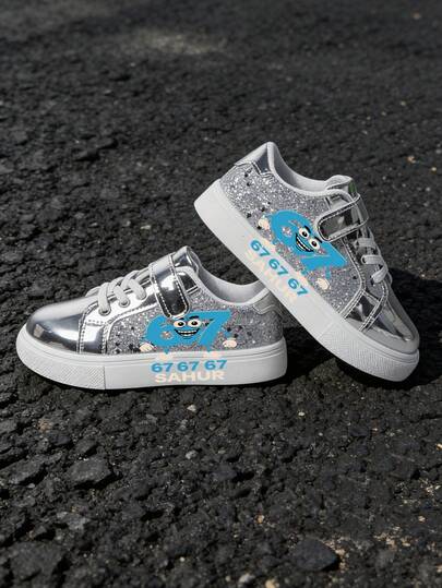 Bling Glitter Children's SIXSEVEN Numeral Print Silver Glitter Skate Shoes, Girls' Campus & Outdoor Sports Shoes, Wear-Resistant Versatile Kids' Casual Sneakers