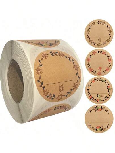 500 hojas/rollo, 2 pulgadas/5cm Etiquetas de papel kraft, Etiquetas con estampado de corona floral, Etiquetas para enlatados, Etiquetas para almacenamiento de alimentos, Etiquetas para sellar bolsas de regalo