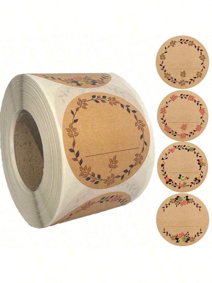 500 Sheets/Roll, 2 Inch/5cm Kraft Paper Stickers, Floral Wreath Pattern Stickers, Canning Labels, Food Storage Labels, Gift Bag Sealing Stickers - Khaki - View 1