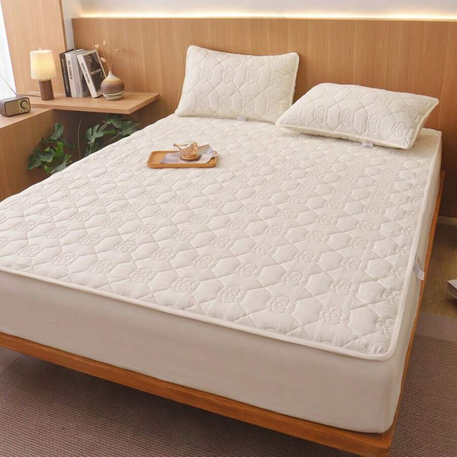 三件套绗缝床笠套装，1件加厚床笠+2个枕套，防水床罩 - 奶油白 - 查看 1