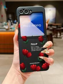 1pc Fashionable And Minimalist Skin Feel PC Material Cute And Minimalist Tulip Flower Element Folding Phone Case, Can Protect And Prevent Falling For: SamsungGalaxy Zflip 3/Zflip 4/Zflip 5/Zflip 6/Zflip 7/ Find N3 Flip/ Razr 50 Ultra/ Razr 60 Ultra/ Razr 60/ Razr 50/XiaomiMIX Flip/Galaxy Z Flip7 FE - Black - View 2