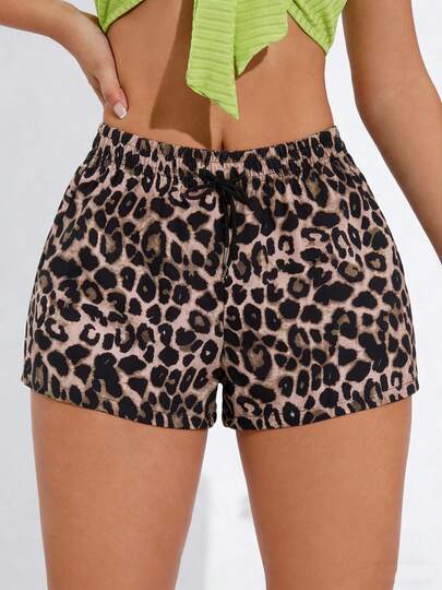 女士运动短裤，性感豹纹设计，适合日常跑步、休闲运动，抽绳腰带，透气夏季短裤