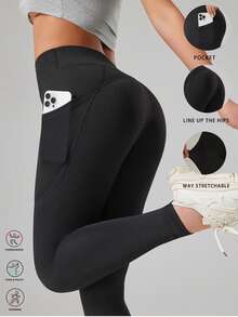 高腰收腹口袋瑜伽裤紧身打底裤运动服 - 黑色 - 查看 2