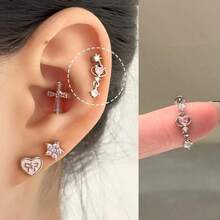 1pc Fashionable Minimalist New Micro-Inlaid Diamond Heart Stainless Steel Cartilage Earring - Silver - View 1