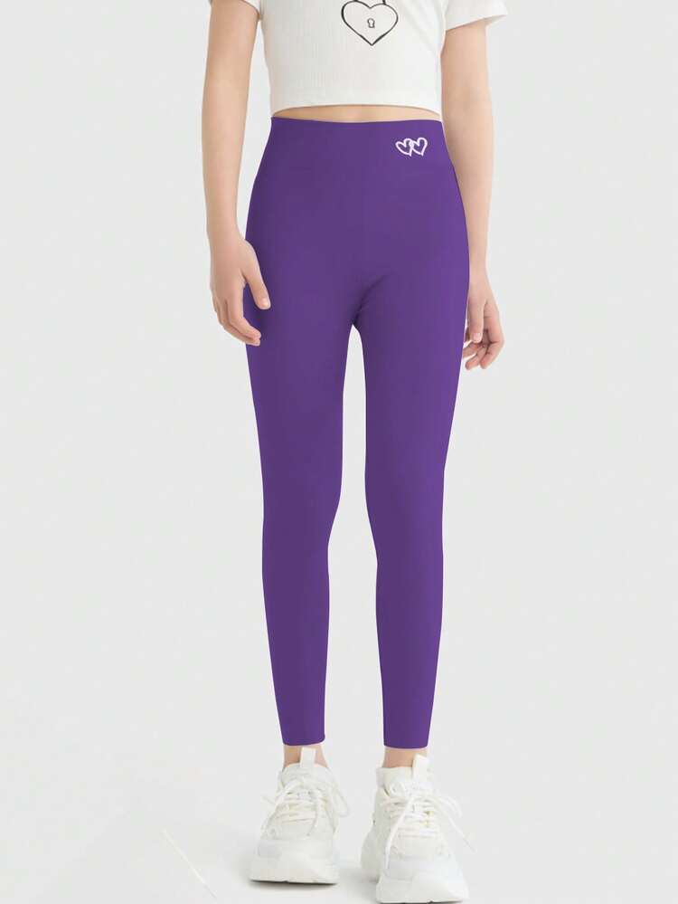 Girls' High Waist Heart Print Leggings, Elastic Slim Fit Leggings, Children Casual Sports Pants, Students School Dance Versatile Leggings, Ins Style Heart Leggings For Toddlers & Young Girl - Purple - View 1