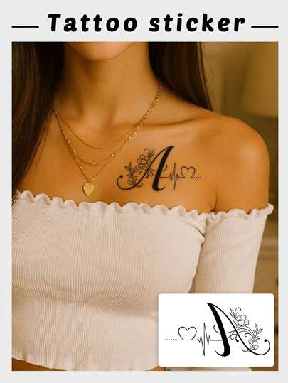 1個 ファッショナブルな防水一時的な刺青ステッカー、ECG文字Aデザイン、フローラル&ハートパターン、人に適しています
