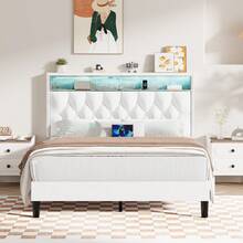 LED Bed Frame With Storage Shelf Headboard, Velvet Upholstered Bed Frame With Charging Station, Modern Bed Frame With Diamond Tufted Headboard, No Box Spring Needed, White/ Black, Full/ Queen/ King  (USB LED Strip) - 白色 - 查看 14